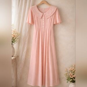 Vintage 80s Prairie Sailor Collar Maxi Dress Pink Stripe 12 Romantic Feminine